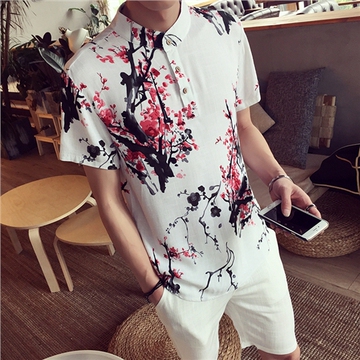 2016新款亚麻印花男士短袖T恤 休闲大码梅花图案男装半袖中国风