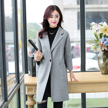 2015秋冬新款女式羊毛呢大衣韩版中长款修身显瘦时尚百搭纯色外衣