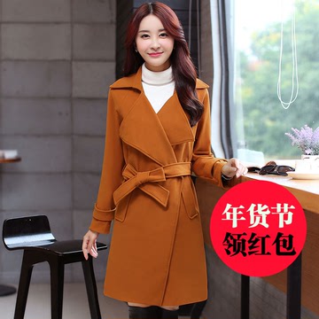 2015冬季新品韩版修身中长款女装大衣风衣时尚系带纯色毛呢外套潮