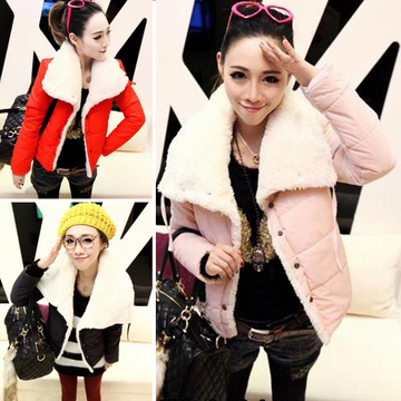 2015年冬季新款韩版修身气质羊羔毛外套女大翻领短款棉袄棉服大衣