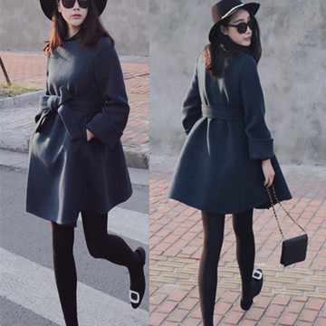 韩版羊毛呢外套女2015秋冬新款修身显瘦收腰系带中长款呢子大衣女