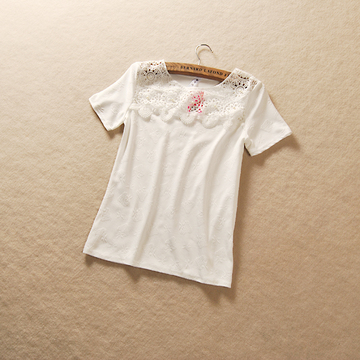 B114内销女夏装弹力修身纯色压花面料蕾丝钉珠短袖圆领T恤0.14kg