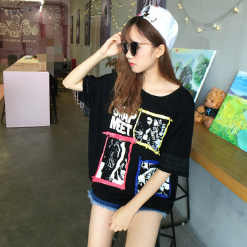 夏季新品韩版女装宽松显瘦休闲百搭纯棉卡通字母印花短袖T恤