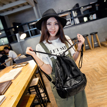 2015夏新款黑色水洗皮学院风双肩包 女韩版潮休闲大容量旅行背包