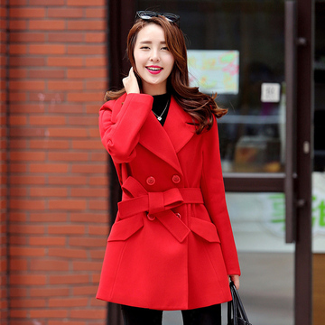 韩版大红色女装2015秋冬季精品大码显瘦长袖毛呢大衣百搭外套腰带