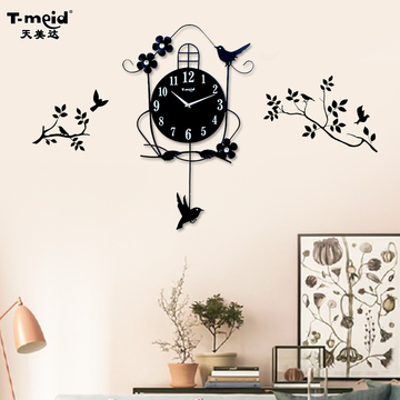 天美达 创意钟表挂钟 个性壁钟客厅 欧式田园小鸟静音摇摆石英钟