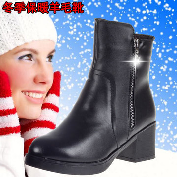 3515冬季短靴女棉鞋粗跟真皮羊毛短筒女靴子防滑舒适保暖女士棉靴