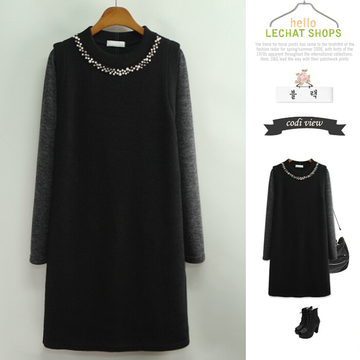 韩国代购 大码女装 2015冬装新款 大气珍珠领拼接针织显瘦连衣裙