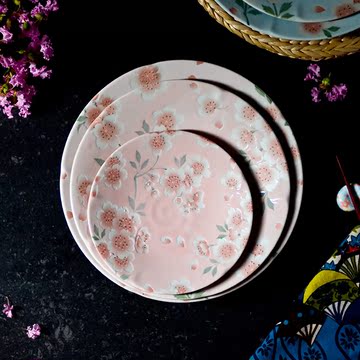 日本进口美浓烧漫舞樱花菜盘子牛排碟子日式和风陶瓷器料理餐具