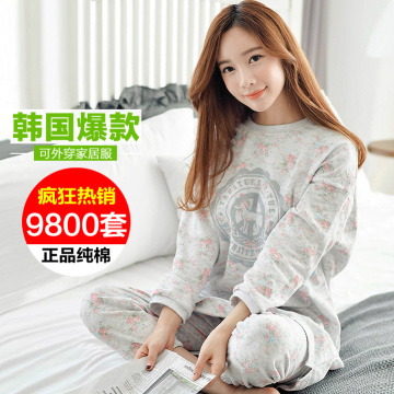 韩版PINK女人100%纯棉睡衣女长袖套装秋冬季可爱加大码加厚家居服