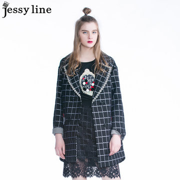 jessy line2016秋装新款 杰茜莱显瘦格子中长款毛呢外套 女士大衣