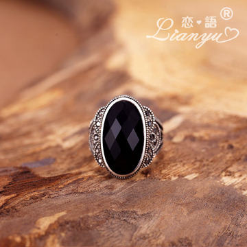 复古食指戒指女饰品日韩国潮人个性简约钛银欧美仿黑玛瑙水晶指环