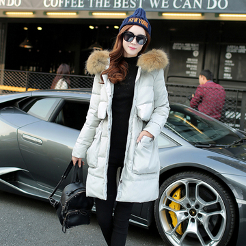 2015冬季新款女式韩版加厚大口袋奢华貉子超大毛领中长款女羽绒服