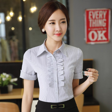 2015夏装女韩版衬衫 短袖竖条纹衬衣女 修身职业女装上衣衫衣显瘦