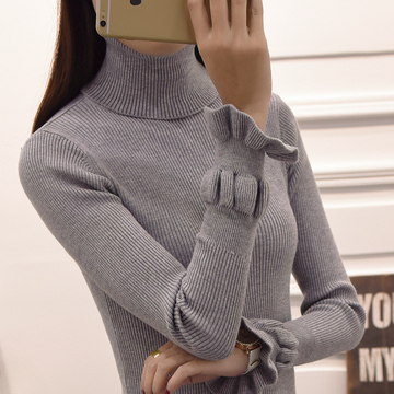 2015韩版秋冬新款女装针织衫高领打底衫荷叶边毛衣