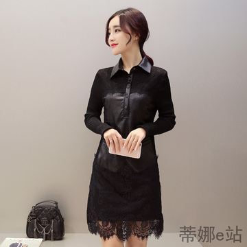 2015冬季女装 中长款蕾丝拼接长袖修身PU皮黑色连衣裙直筒打底裙