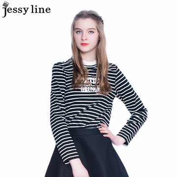 jessy line2016秋装新款 杰茜莱荷叶边拼接条纹显瘦字母印花T恤女