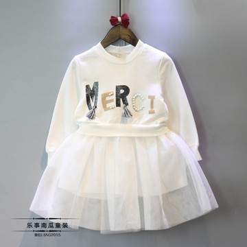 2016春装新款女童连衣裙 3456岁儿童韩版童装字母珍珠长袖公主裙