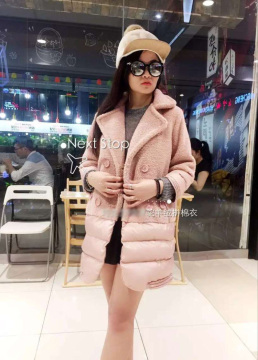 棉衣女中长款2015冬新款韩版修身女装羊羔毛拼接羽绒加厚棉服外套