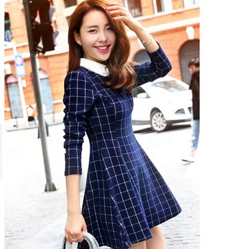 2015秋新款 韩版女装时尚优雅收腰显瘦格子长袖连衣裙