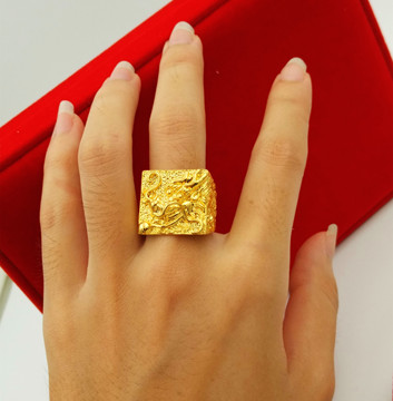 越南金欧币饰品仿黄金男士龙头方戒 镀金戒指 18K沙金指环 霸王金