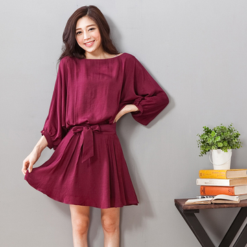 韓國正品代購2014韩版氣質修身显瘦收腰系帶长袖燈籠袖荷葉连衣裙