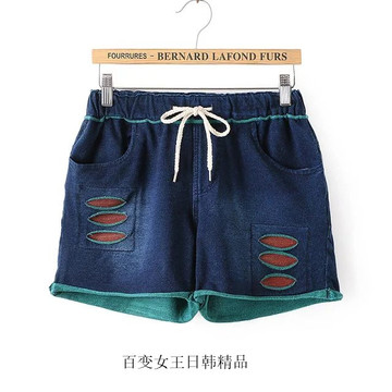 韩国夏季舒适百搭学生大码高腰针织棉牛仔裤系带运动风翻边短裤女