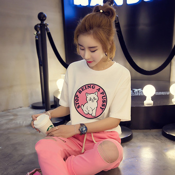 韩版百搭新款短袖T恤原宿风女夏宽松可爱粉色打底白色猫咪上衣潮