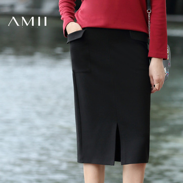 Amii[极简主义]2016秋新直筒纯色翻盖贴袋开衩拉链半身裙11672109