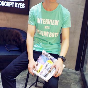 新款夏季韩版男士男装绿色圆领短袖修身T恤潮简约体恤打底衫半袖