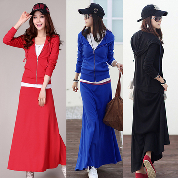 2015春韩版新款修身显瘦防晒运动套裙休闲两件套装长裙卫衣连衣裙