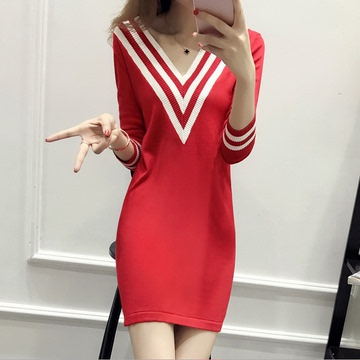 韩国代购2016秋装性感V领红色显瘦长袖针织条纹百搭毛衣连衣裙