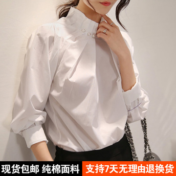 韩国正品代购2016秋装新款白色衬衫女长袖薄款立领女衬衣韩版宽松