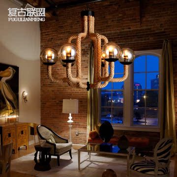 设计师北美式艺术咖啡厅玻璃乡村田园风格工业复古铁艺麻绳吊灯