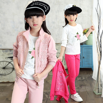 女童春秋装2016新款蕾丝套装牡丹花韩版中大儿童长袖女孩三件套