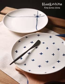创意蓝白浅盘陶瓷餐盘西餐牛排盘点心碟子圆形平盘水果盘简约餐具