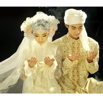 回族结婚礼服印度马来穆斯林影楼摄影服装白色婚纱