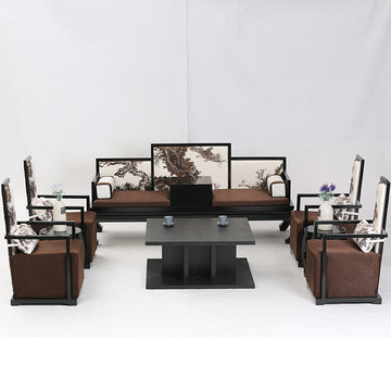 新中式实木沙发组合防古印花会所定制家具创意布艺沙发古典罗汉床