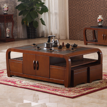 中式实木功夫茶几 多功能储物办公茶桌 小户型桌子带四凳子茶炉