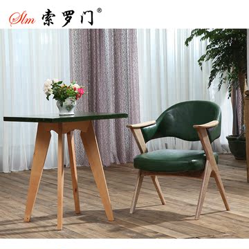欧式实木架咖啡厅椅子 西餐厅 会所pu皮绿色靠背椅