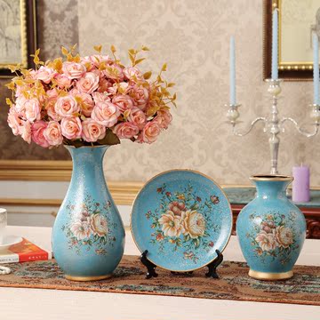 欧式树脂花瓶摆件家居装饰品三件套奢华复古结婚礼品客厅工艺摆设