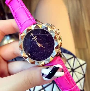 2016正品新款韩国TT星空时尚简约防水玫红色真皮带女士手表时装表