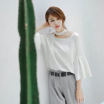 2016秋季新款韩版圆领套头长袖t恤女修身喇叭袖纯色打底针织衫