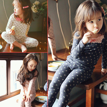 韩国女童秋衣套装纯棉儿童蕾丝保暖内衣全棉加绒女宝宝睡衣家居服