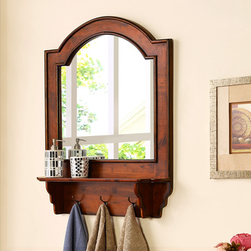 壁挂浴室镜美式实木卫浴镜卫生间镜子浴室镜子带置物架防水装饰镜