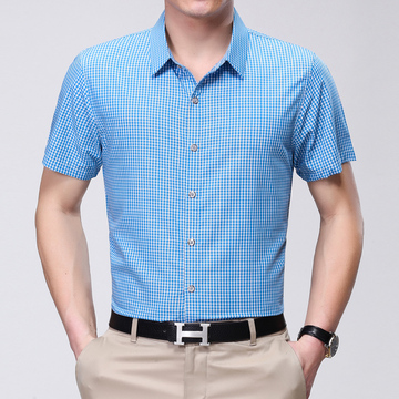 2016夏季男装新款男士韩版短袖衬衫中年格子100%纯棉免烫修身衬衣