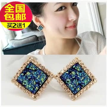 韩版2016新款时尚奢华气质蓝色镶钻方块耳钉 女耳环耳扣饰品包邮