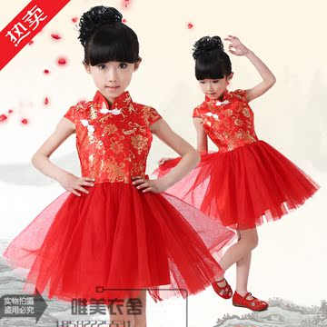 新款儿童演出服红色公主裙蓬蓬裙女童红色礼服中国唐风古筝演出服