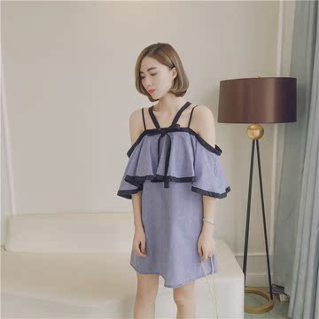 2016夏季新款韩版女性感挂脖式露肩荷叶边短裙宽松格子显瘦连衣裙