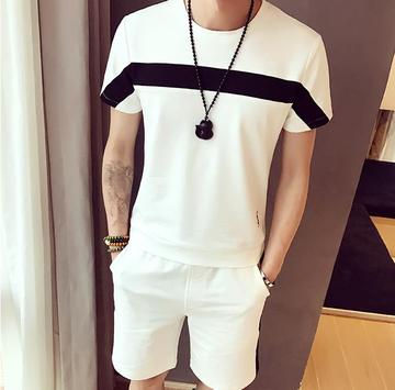 男夏季运动休闲套装短袖短裤时尚二件套2017新款黑白横条拼色2色